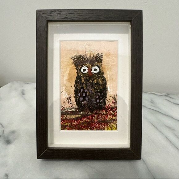 Framed Owl Art Painting signed - Black and Brown - Picture 1 of 13